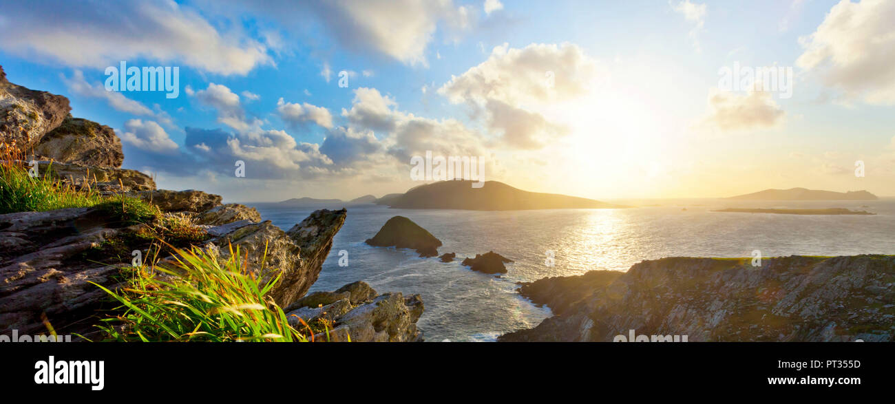 Dunmore Head, scenic irish west coast, looking from dingle peninsula (Europe`s most westerly mainland point) in western ireland towards blasket islands while the sky is clearing up, Stock Photo
